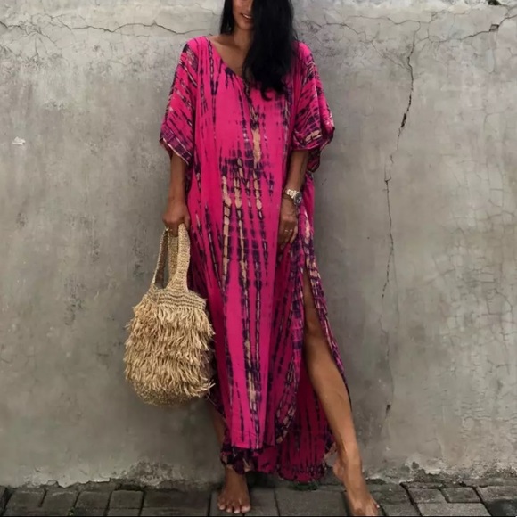 Other - Fuchsia Boho Tie Dye Kaftan Kimono Dress